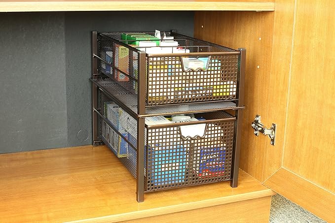 Deco Brothers Stackable Pull Out Cabinet Sliding Basket with Dividers, Large, Bronze