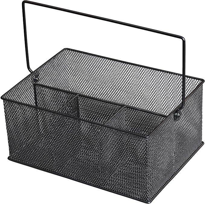 YBM HOME Mesh Basket Utensil Holder & Picnic Silverware Caddy Organizer with Four Compartments and Napkin Storage, Black