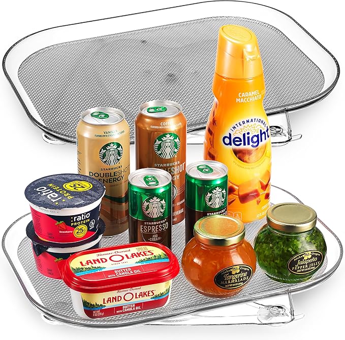 Oizeir Refrigerator Lazy Susan (2PK) - Clear Rectangular Fridge Organizer - Turntable Tray Lazy Susan for Refrigerator - Cabinet & Pantry Organizer - Smooth 360° Rotating Swivel Spinning Fridge Shelf
