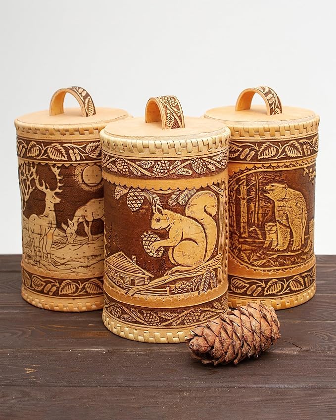 Wooden Kitchen Jar, Birch Bark Canister, Farmhouse Style Wood Container, Tall Round Storage Box Squirrel, D 4,7"(12cm), H 7,9"(20cm)