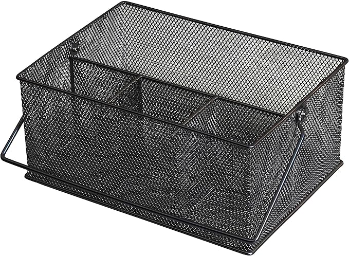 YBM HOME Mesh Basket Utensil Holder & Picnic Silverware Caddy Organizer with Four Compartments and Napkin Storage, Black