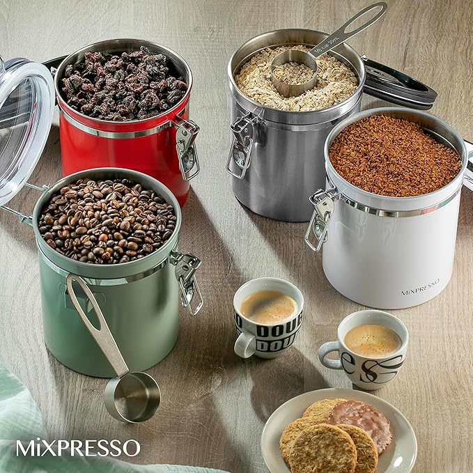 Mixpresso 16 Oz Coffee Canister with Scoop Stainless Steel Airtight Coffee Container, Ground Coffee Bean Storage with Date Tracker, Vacuum Sealed Espresso Airtight Container Coffee Jar Sugar Container