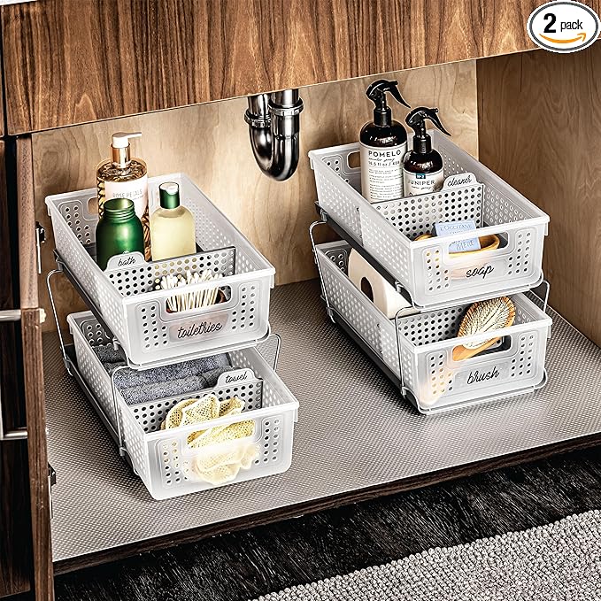 madesmart Stackable 2-Tier Organizer, 2 Pack, Multi-Purpose Slide-Out Storage with Extra Set of Legs, Handles and Dividers for Home and Bath, BPA Free, Frost 2 PACK