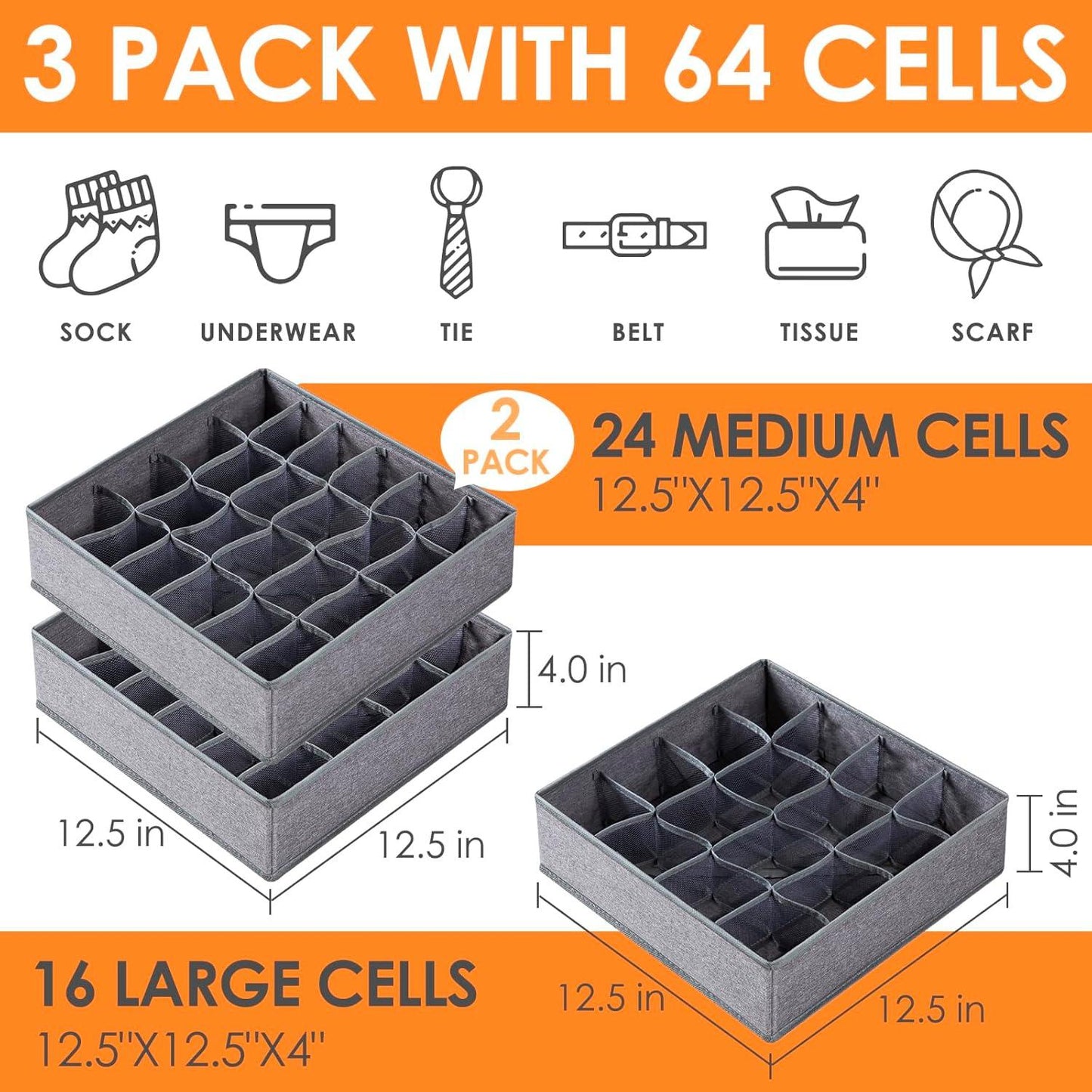 Criusia 3 Pack Sock Underwear Organizer Dividers, 64 Cell Drawer Fabric Foldable Cabinet Closet Storage Boxes for Storing Socks, Underwear, Ties (16+24+24 Cell, Gray)