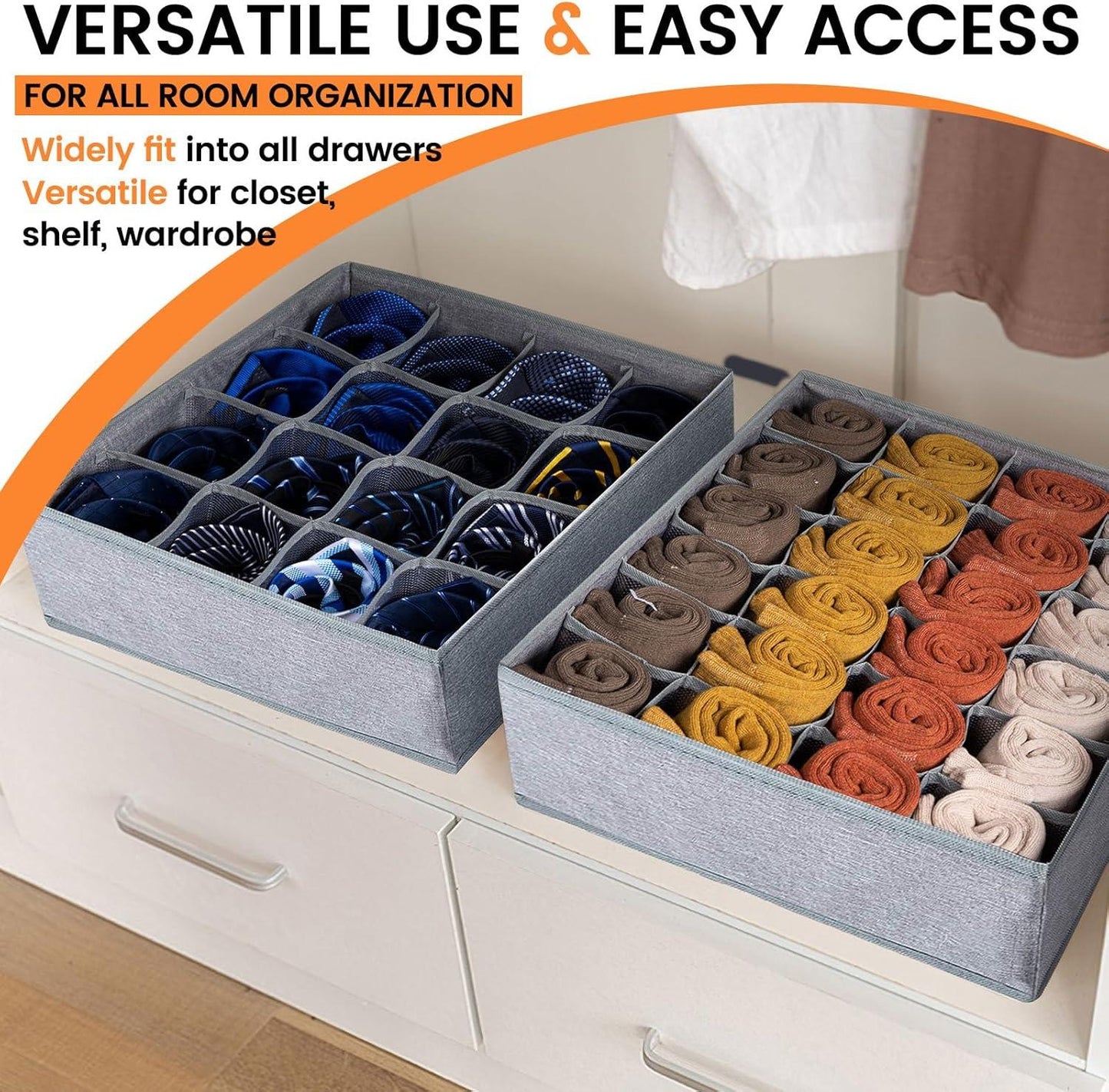 Criusia 3 Pack Sock Underwear Organizer Dividers, 64 Cell Drawer Fabric Foldable Cabinet Closet Storage Boxes for Storing Socks, Underwear, Ties (16+24+24 Cell, Gray)