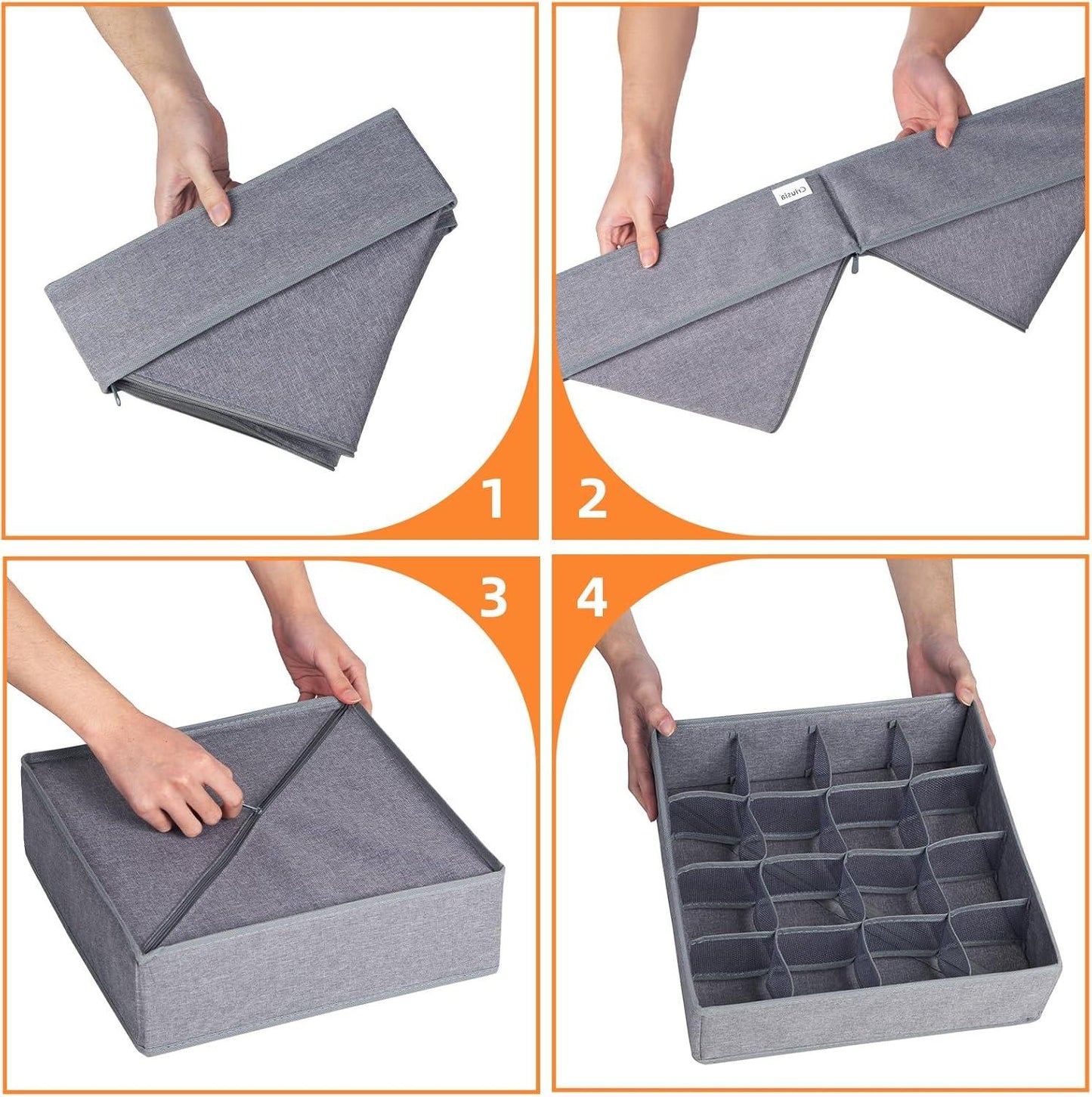 Criusia 3 Pack Sock Underwear Organizer Dividers, 64 Cell Drawer Fabric Foldable Cabinet Closet Storage Boxes for Storing Socks, Underwear, Ties (16+24+24 Cell, Gray)