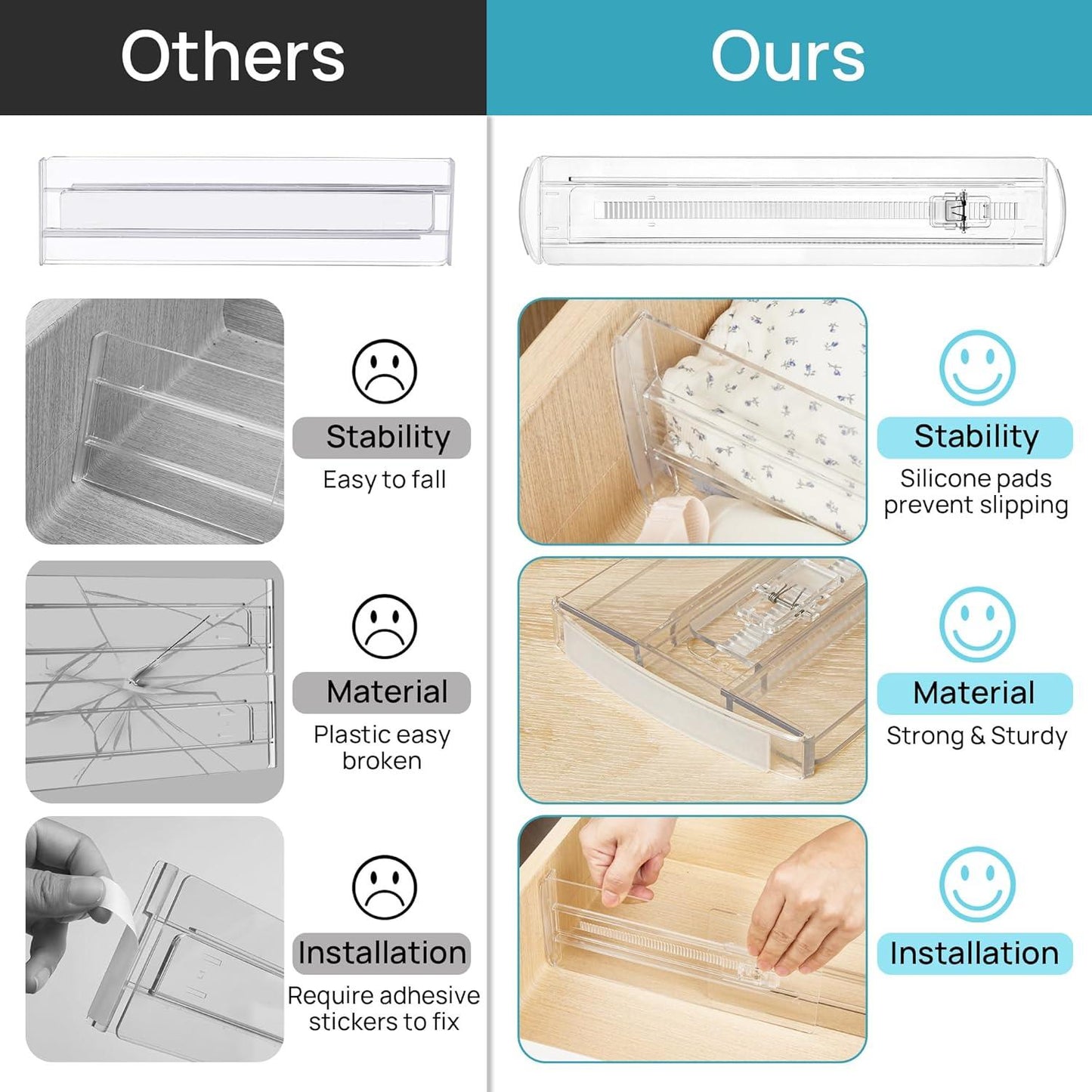 Vtopmart 12 Pack Drawer Dividers for Clothes, 4" High 10.2"-16.6" Adjustable Expandable Dresser Drawer Organizer, Clear Plastic Separators for Dresser, Baby Clothing, Underwear, Cosmetic, Toiletries