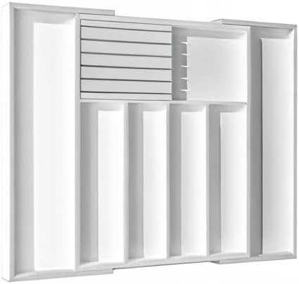 Silverware Drawer Organizer Bamboo Knife Organizer Drawer Insert Expandable Utensil Holder for Kitchen Drawer Flatware Holder W12.8-20.2" x L16 x H2 (White)