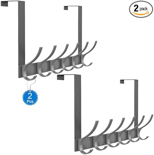 2 Pack Over The Door Hooks, Sturdy Door Hanger, Large Over The Door Towel Rack with 12 Hooks, Heavy Duty Easy to Install, for Bathroom, Bedroom，Kitchen，Hanging Towels, Coats (Grey)