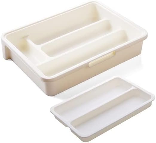 HornTide 3-in-1 Cutlery Tray Expandable Utensils Holder Plastic Kitchen Drawer Organizer for Silverware Storage and More - White