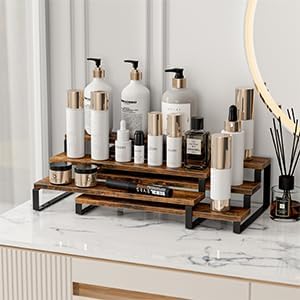 TEMI 3 Tier Spice Rack Organizers - 15.7 Inches Expandable Cabinet Organizers for Kitchen Organization, Rustic Brown Wood and Metal Tiered Shelves for Jars and Spices, Easy to Assemble, Set of 2