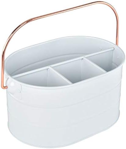 Red Co. 10" x 7" Enameled Metal Utensil Caddy & Countertop Flatware Organizer with Handle, Farmhouse White/Rose Gold