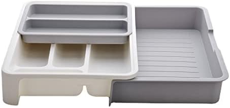 HornTide 3-in-1 Cutlery Tray Expandable Utensils Holder Plastic Kitchen Drawer Organizer for Silverware Storage and More - Gray