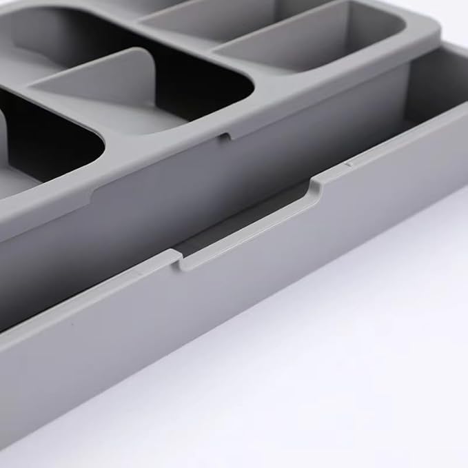 Silverware Organizer Storage Tray,Cutlery Expandable Organizer for Kitchen Drawer Holding Flatware Spoons Forks, 15.8” x 6.5” x 2.2”, GREY