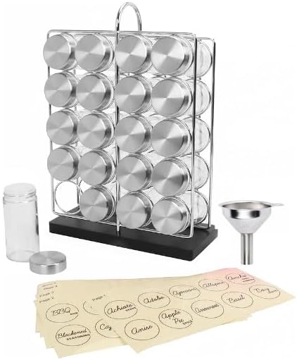Orii 20 Jar Chrome Wire Spice Rack with Bamboo Base | Includes Silicone Funnel | 160 Preprinted + 20 Blank Spice Labels Included | Compact and Minimalistic Kitchen Pantry Spice Organizer Rack