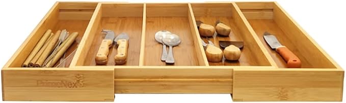 Bamboo Cutlery Drawer Organizer for Kitchen Utensils - Expandable Utensile Organzier with Drawer Dividers for Flatware, Silverware Knives in Kitchen, Bedroom, Living Room (5 Slots)
