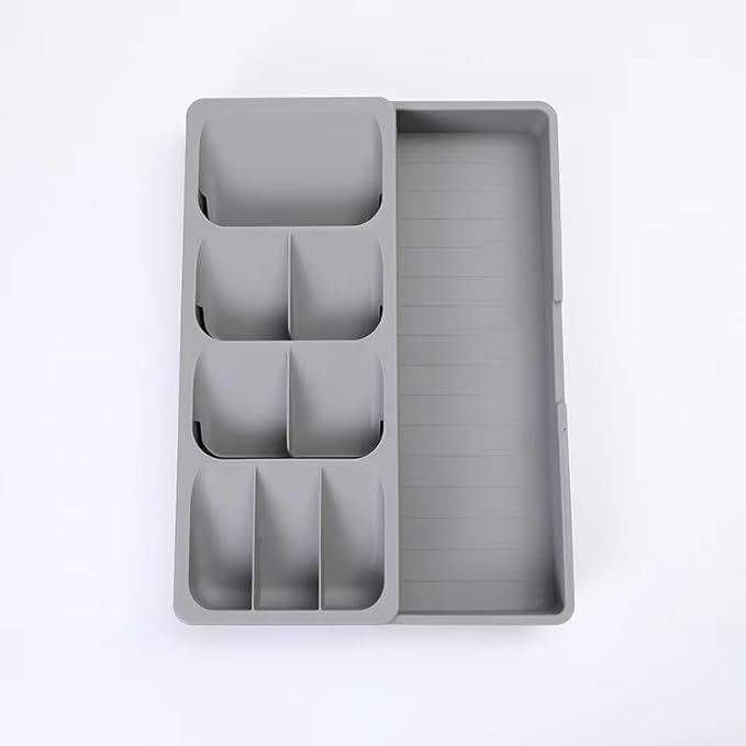 Silverware Organizer Storage Tray,Cutlery Expandable Organizer for Kitchen Drawer Holding Flatware Spoons Forks, 15.8” x 6.5” x 2.2”, GREY