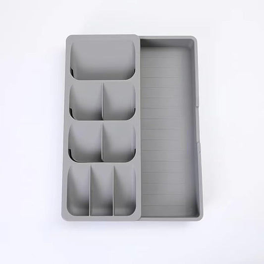 Silverware Organizer Storage Tray,Cutlery Expandable Organizer for Kitchen Drawer Holding Flatware Spoons Forks, 15.8” x 6.5” x 2.2”, GREY
