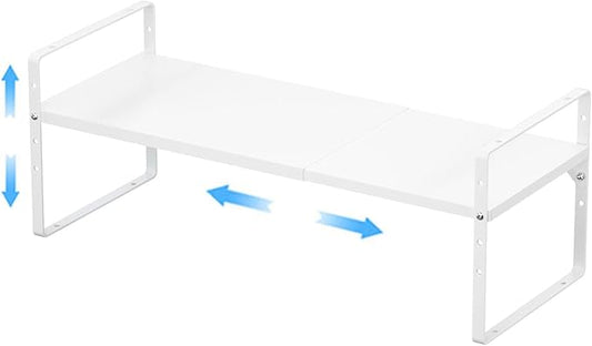 Expandable Kitchen Cabinet Shelf Organizers, Stackable Metal Pantry Storage Shelves Rack, Adjustable Counter Spice Shelf for Cabinets, Countertop, Cupboard Organizers and Storage, White