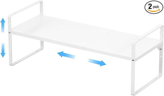 Expandable Kitchen Cabinet Shelf Organizers, Stackable Metal Pantry Storage Shelves Rack, Adjustable Counter Spice Shelf for Cabinets, Countertop, Cupboard Organizers and Storage, White