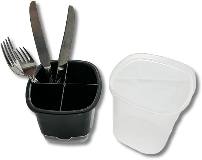 Toledo Covered Cutlery and Utensil holder, Flatware Plastic Caddy Organizer for Silverware with Cover top Perfect for Kitchen, picnic, home, BBQ, Party, Camping, Outdoor and Restaurant (Black)