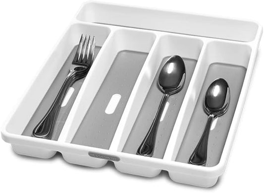 madesmart Premium Antimicrobial Classic Small Silverware Tray Soft Grip, Non-Slip Kitchen Drawer, 5 Compartments, Multi-Purpose Home Organization, EPA Certified, White