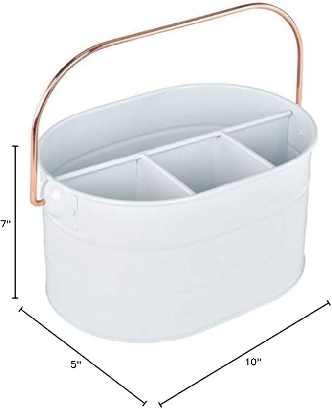 Red Co. 10" x 7" Enameled Metal Utensil Caddy & Countertop Flatware Organizer with Handle, Farmhouse White/Rose Gold