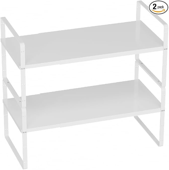 Slideep Expandable Counter Organizer Shelf, Stackable Cabinet Shelves Organizer Storage Rack Cupboard Stand Spice Rack for Kitchen Bathroom Pantry White -2 Set