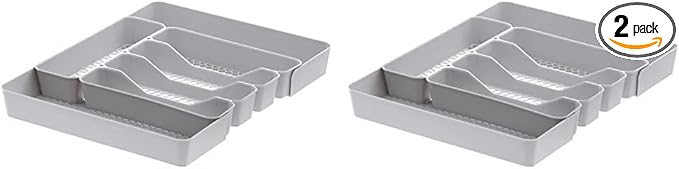 Spectrum HEXA 5-Divider Expandable Silverware Tray (Stone Gray) - In-Drawer Organizer for Kitchen Accessories, Cutlery, Knives, & More/Easy-to-Clean Home & Apartment Essential (Pack of 2)