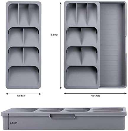 Silverware Organizer Storage Tray,Cutlery Expandable Organizer for Kitchen Drawer Holding Flatware Spoons Forks, 15.8” x 6.5” x 2.2”, GREY