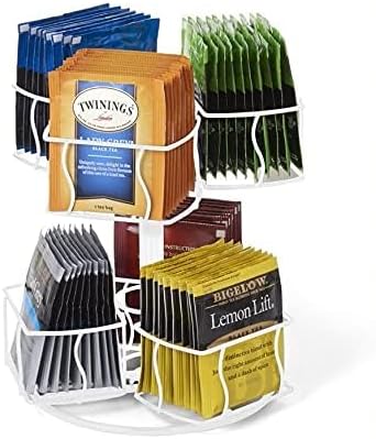 Nifty Tea Bag Spinning Carousel – 6 Compartments, Up to 60 Tea Bags Storage, Spins 360-Degrees, Lazy Susan Platform, Modern White Design, Home or Office Kitchen Counter Organizer