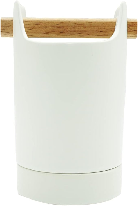 Kitchen Utensil Holder for Flatware, Silverware, Cutlery and Cooking Accessories, Wood and Ceramic, Countertop and Table Caddy (White)