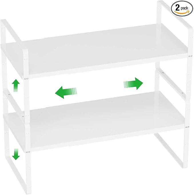 Cabinet Organizer Shelf Expandable Cabinet Spice Rack Stackable Shelves Adjustable Storage Shelf for Kitchen Pantry Countertop Cupboards Bathroom,White,8.07",2 Packs