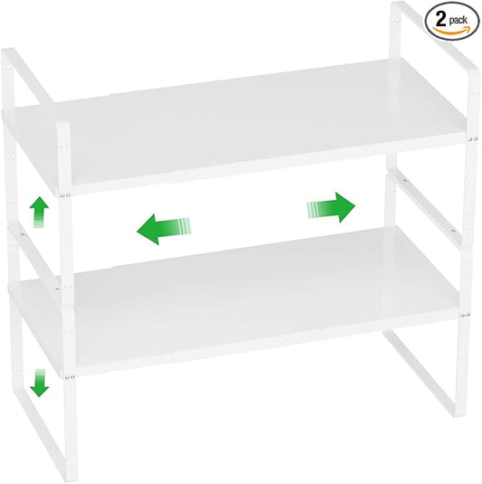 Cabinet Organizer Shelf Expandable Cabinet Spice Rack Stackable Shelves Adjustable Storage Shelf for Kitchen Pantry Countertop Cupboards Bathroom,White,8.07",2 Packs