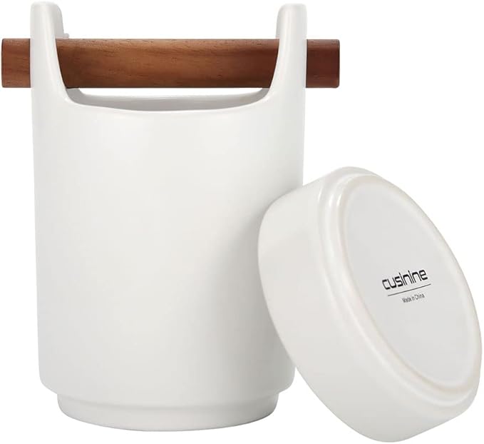 Kitchen Utensil Holder for Flatware, Silverware, Cutlery and Cooking Accessories, Wood and Ceramic, Countertop and Table Caddy (White)