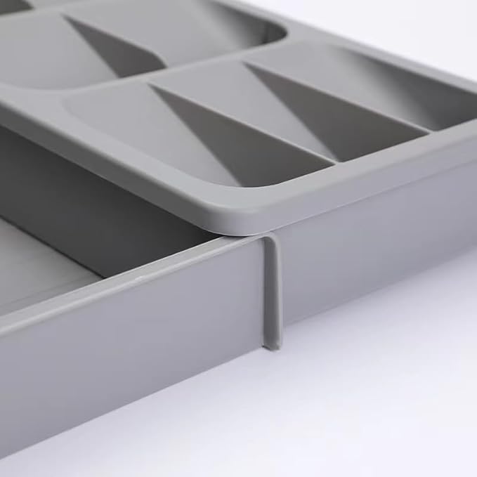 Silverware Organizer Storage Tray,Cutlery Expandable Organizer for Kitchen Drawer Holding Flatware Spoons Forks, 15.8” x 6.5” x 2.2”, GREY