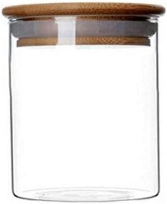 Glass Food Storage Jar Canister - Cylinder Airtight Kitchen Container with Natural Wood Lid for Tea Dry Fruit Nuts Candy Seasoning Spaghetti Coffee Bean Clear Sealing size 250ML/8.5oz
