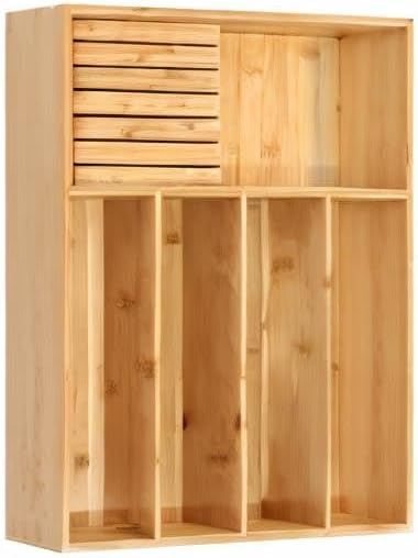 VaeFae Bamboo Silverware Organizer, Utensil Holder for Drawer, Wooden Cutlery Tray with Divider for Kitchen Drawer, Utensil Organizer with Knife Block