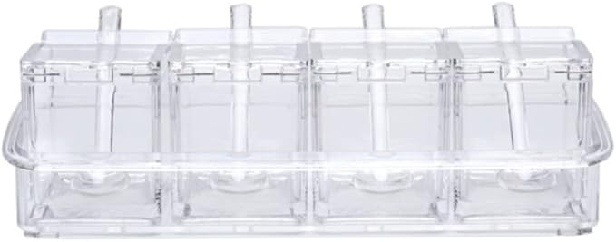 Seasoning Box, Seasoning Rack Spice Pots, Storage Container Condiment Jars, 4 Piece Clear Acrylic Cruet with Cover and Spoon Transparent