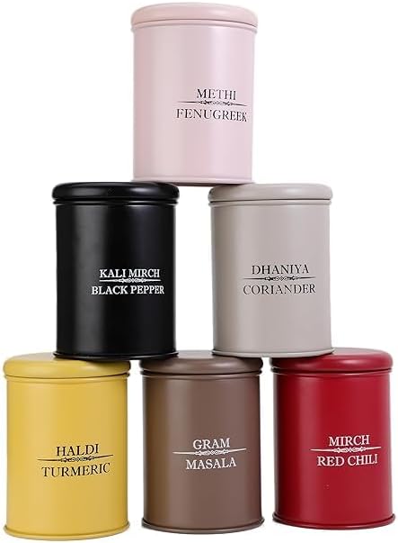 Spice Jar Set of 6 – Stainless Steel Airtight Spice Containers for Kitchen Storage | Masala Box Organizer for Spices | Modern Spice Rack Jars for Pantry & Countertop