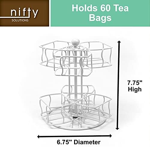 Nifty Tea Bag Spinning Carousel – 6 Compartments, Up to 60 Tea Bags Storage, Spins 360-Degrees, Lazy Susan Platform, Modern White Design, Home or Office Kitchen Counter Organizer