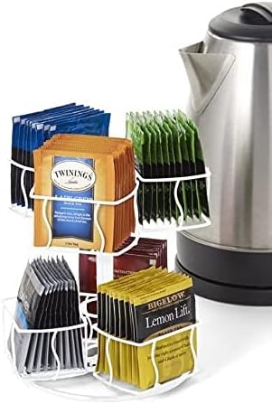 Nifty Tea Bag Spinning Carousel – 6 Compartments, Up to 60 Tea Bags Storage, Spins 360-Degrees, Lazy Susan Platform, Modern White Design, Home or Office Kitchen Counter Organizer