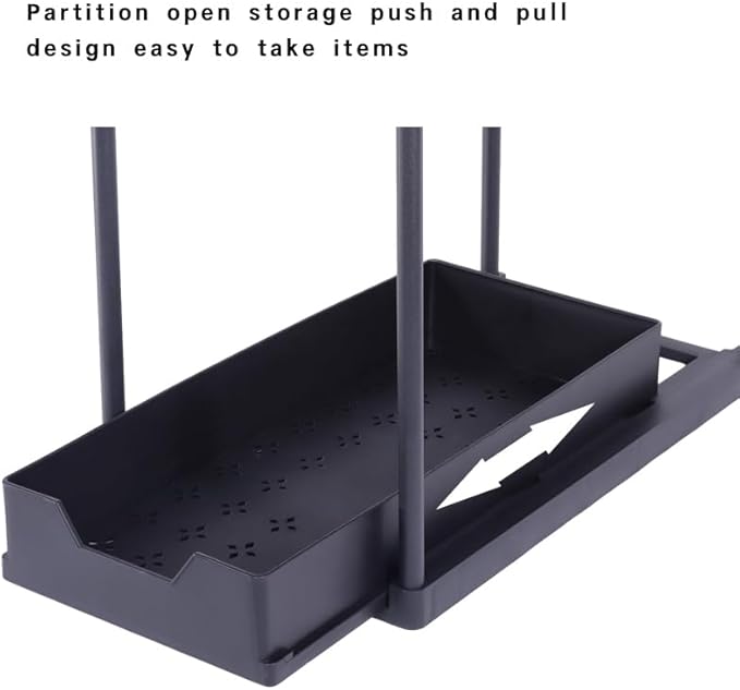 2PC Under Sink Organizer with Hanging Cups - 2 Tier Metal Under Sliding Cabinet Organizer Drawer with 4 Hooks for Bathroom Pantry Cabinet Rack Black