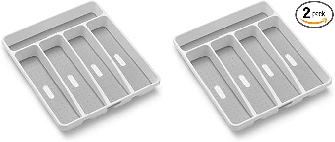 madesmart Premium Antimicrobial Classic Small Silverware Tray Soft Grip, Non-Slip Kitchen Drawer, 5 Compartments, Multi-Purpose Home Organization, EPA Certified, White (Pack of 2)