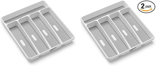 madesmart Premium Antimicrobial Classic Small Silverware Tray Soft Grip, Non-Slip Kitchen Drawer, 5 Compartments, Multi-Purpose Home Organization, EPA Certified, White (Pack of 2)