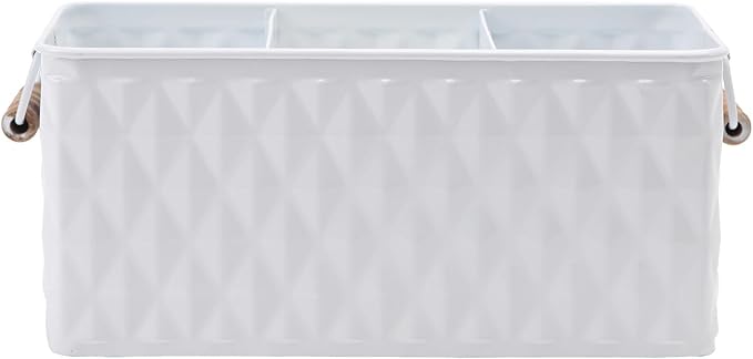 NIKKY HOME Farmhouse White Silverware Organizer with 3 Compartments Cutlery Caddy Kitchen Countertop Flatware Holder for Utensil, Spoons, Knives, Forks, Rhombic Embossed Pattern