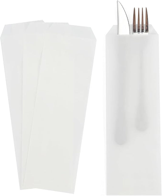 Volanic 100PCS 3X10 Inch Semi-Transparent Glassine Waxed Paper Bags for Kitchen Cutlery Chopsticks Utensils Holder Wedding Party Tableware Silverware Flatware