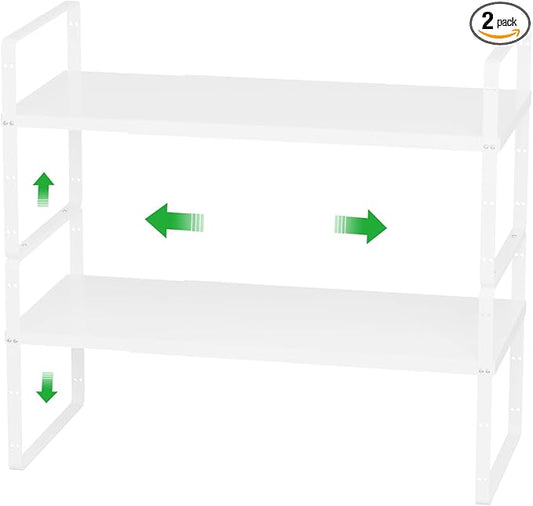Expandable Cabinet Organizer Shelves - Adjustable Height Stackable Spice Racks for Cabinet,Pantry,Counter,Cupboard - 2 Packs of Kitchen Under Sink Storage Shelves,D:10.24" x W:16.5"-27.2",White