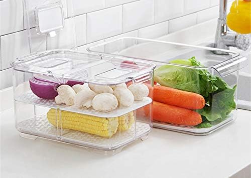 SANNO Vegetable Fruit Storage Containers, Food Storage Containers Fridge Produce Save, Stackable Refrigerator Organizer Keeper Drawers Bins Baskets with Lids and Removable Drain Tray