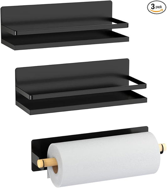 Magnetic Spice Rack Holder Paper Towel Holder with Hook for Refrigerator Fridge Organizer for Kitchen, Space Saver Container for Kitchen/Apartment, Drill Free, Black，3 Packs